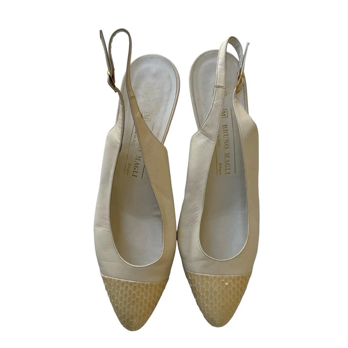 Bruno Magli Vintage Italian Leather Snakeskin Cap Toe Slingback Pumps Cream 10B