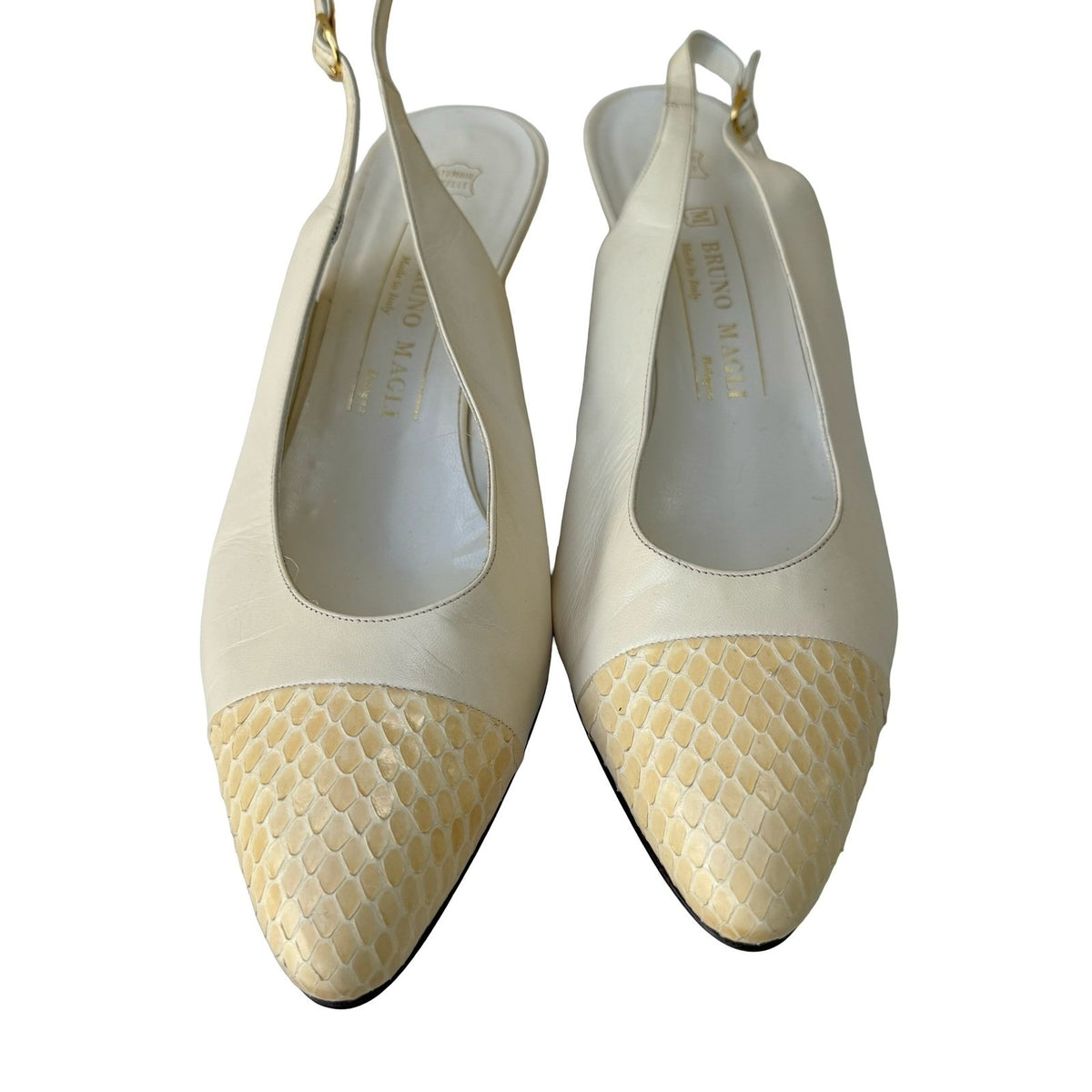Bruno Magli Vintage Italian Leather Snakeskin Cap Toe Slingback Pumps Cream 10B