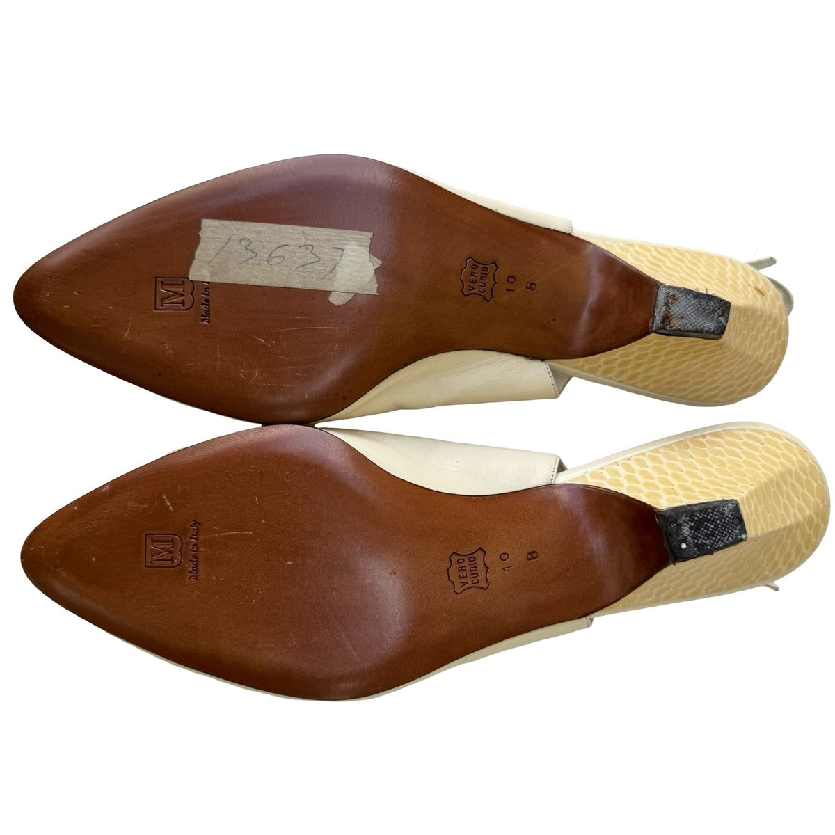 Bruno Magli Vintage Italian Leather Snakeskin Cap Toe Slingback Pumps Cream 10B