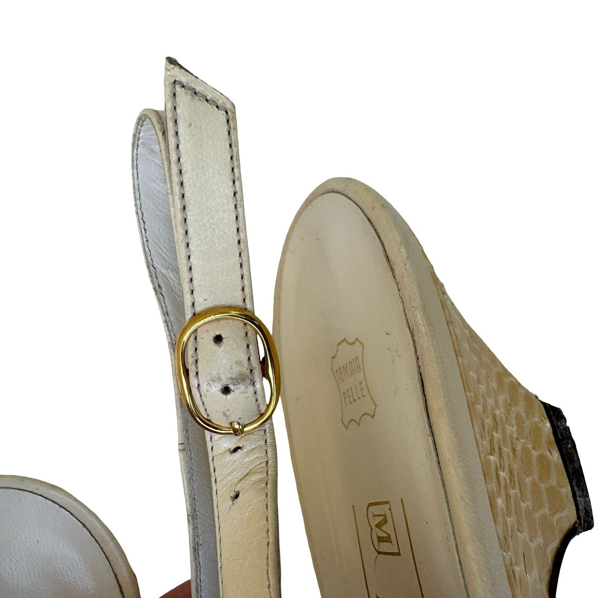 Bruno Magli Vintage Italian Leather Snakeskin Cap Toe Slingback Pumps Cream 10B