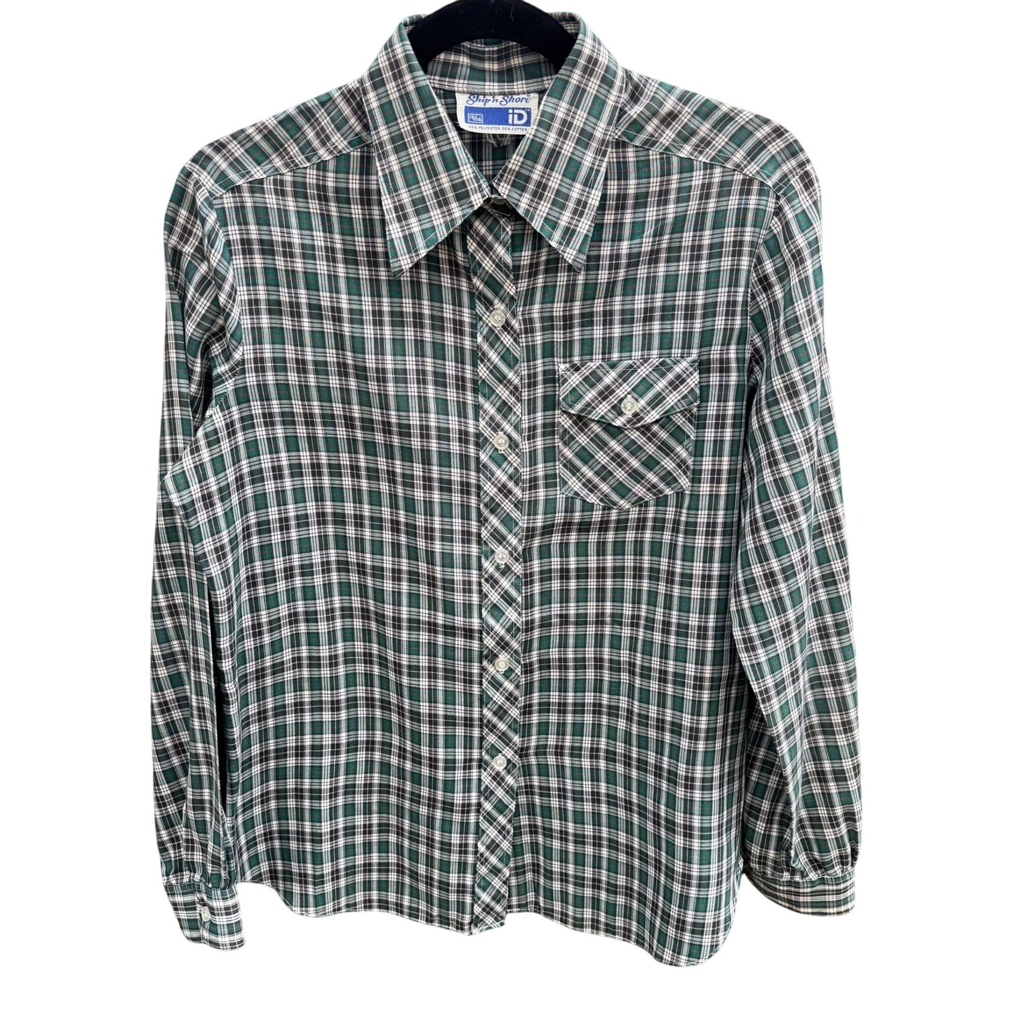 Ship N Shore Vintage 70s Plaid Button-Up Shirt Green Black Long Sleeve Retro L