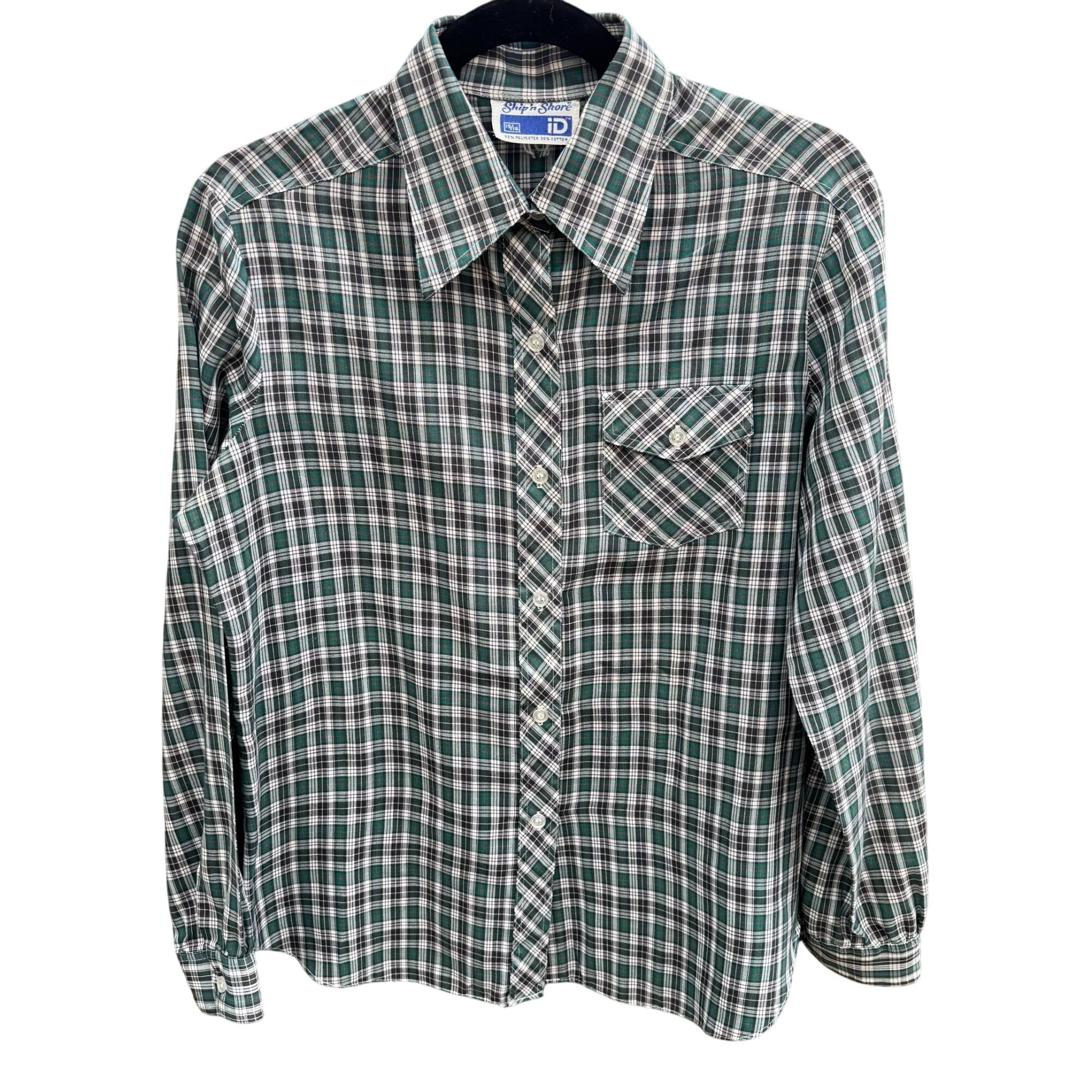 Ship N Shore Vintage 70s Plaid Button-Up Shirt Green Black Long Sleeve Retro L
