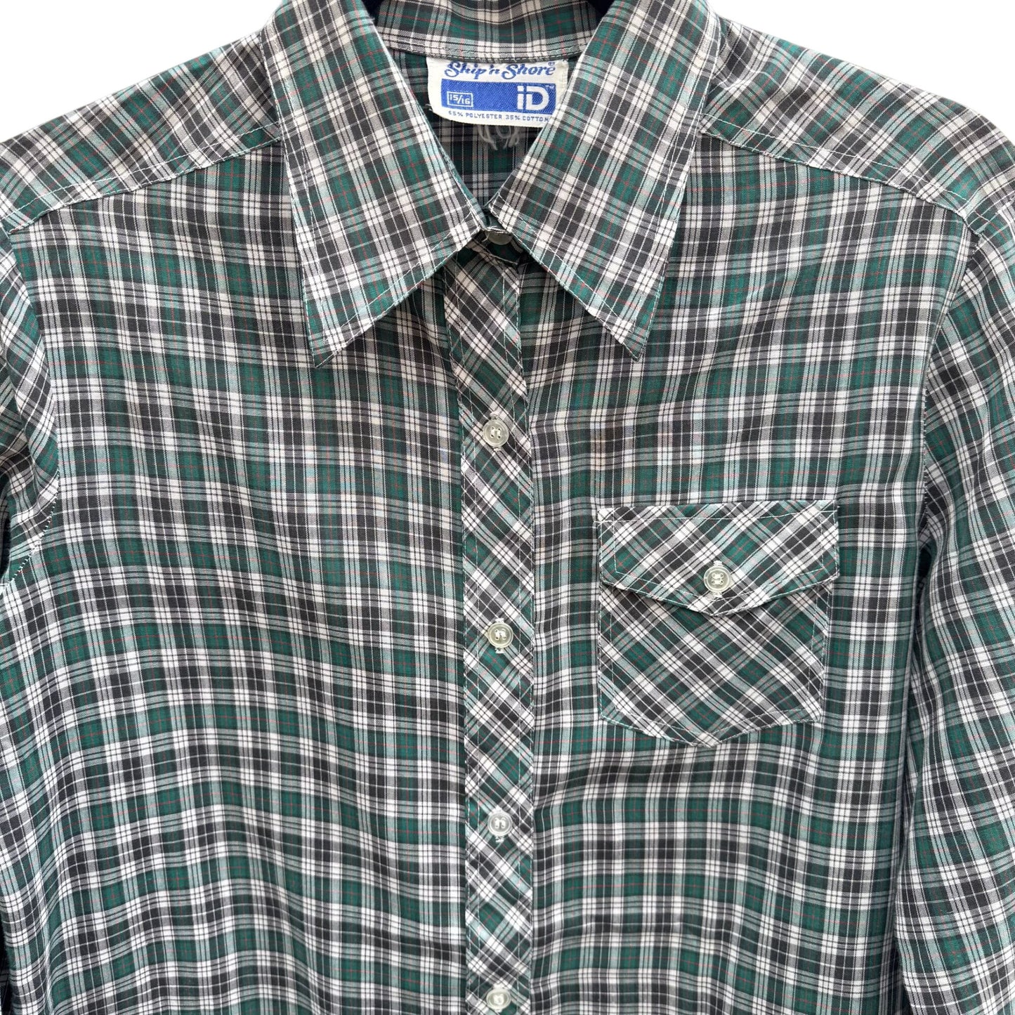 Ship N Shore Vintage 70s Plaid Button-Up Shirt Green Black Long Sleeve Retro L