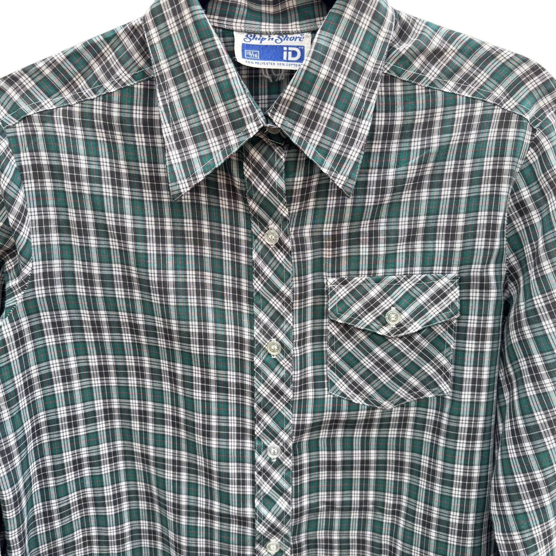 Ship N Shore Vintage 70s Plaid Button-Up Shirt Green Black Long Sleeve Retro L