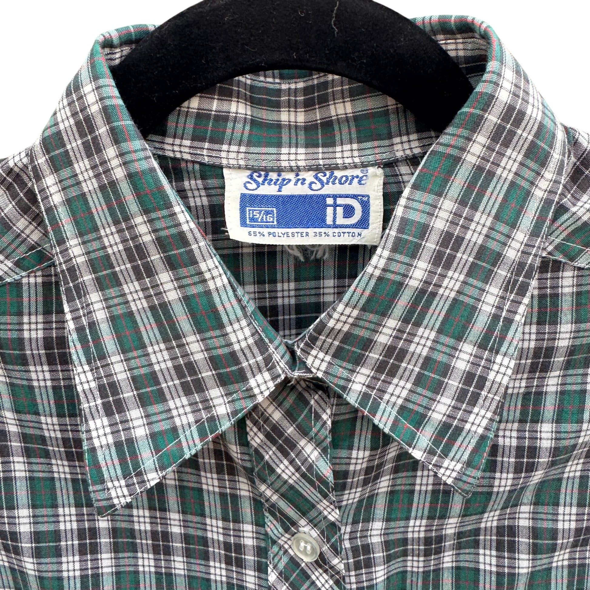 Ship N Shore Vintage 70s Plaid Button-Up Shirt Green Black Long Sleeve Retro L