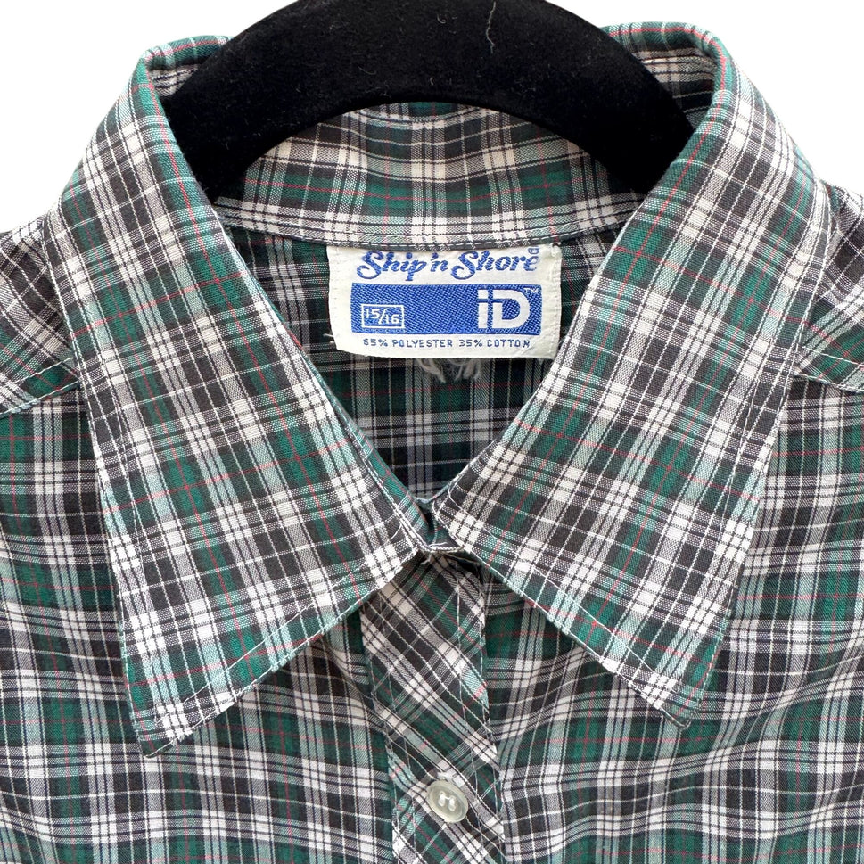 Ship N Shore Vintage 70s Plaid Button-Up Shirt Green Black Long Sleeve Retro L