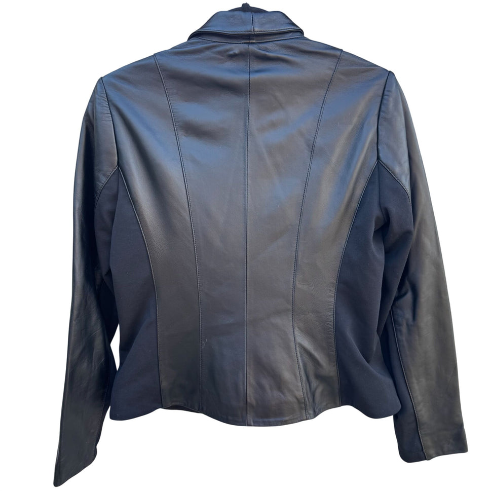 IMAN Womens Black Lambskin Leather Biker Moto Bomber Jacket Side Zip Roll Collar