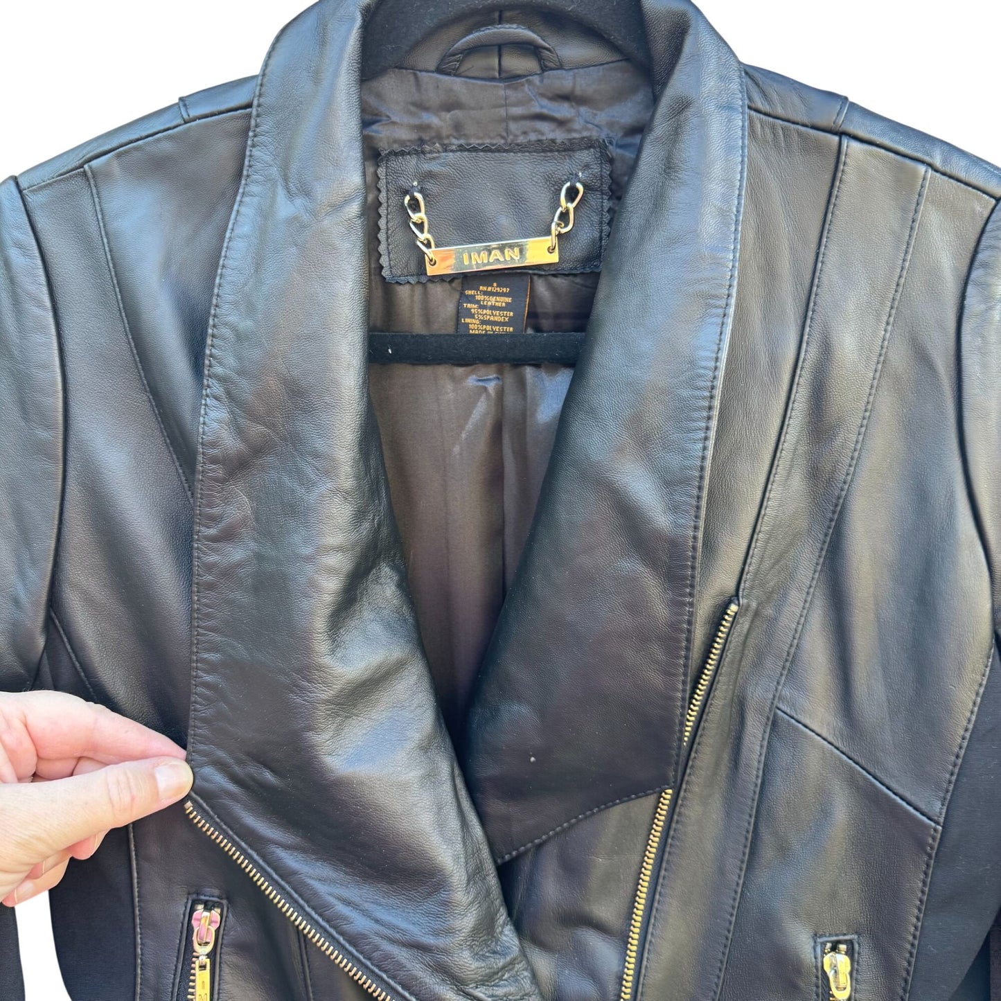 IMAN Womens Black Lambskin Leather Biker Moto Bomber Jacket Side Zip Roll Collar