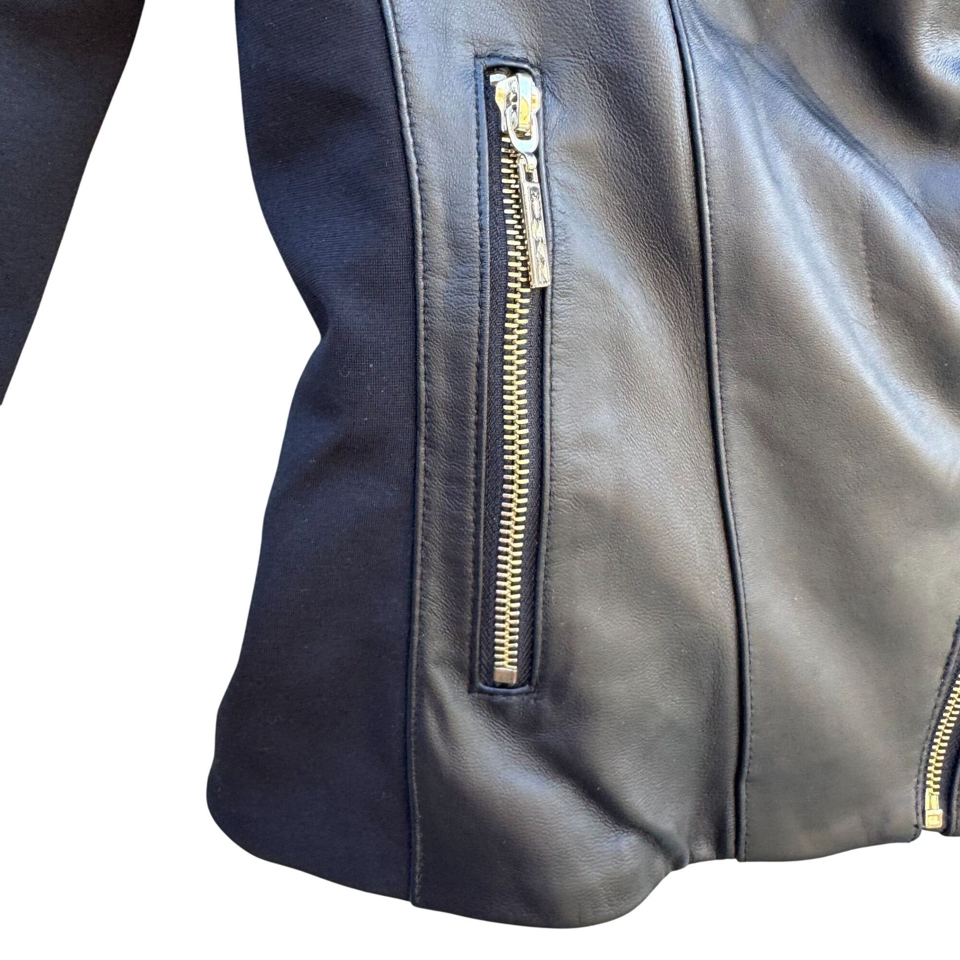 IMAN Womens Black Lambskin Leather Biker Moto Bomber Jacket Side Zip Roll Collar