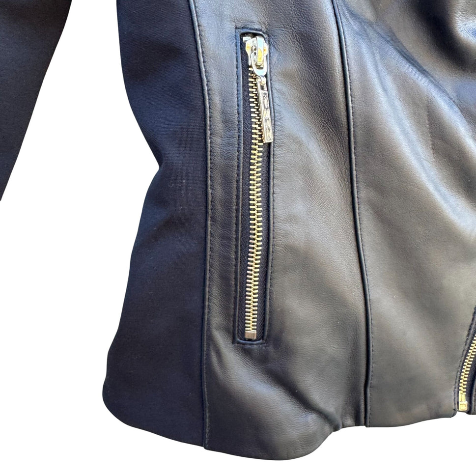 IMAN Womens Black Lambskin Leather Biker Moto Bomber Jacket Side Zip Roll Collar