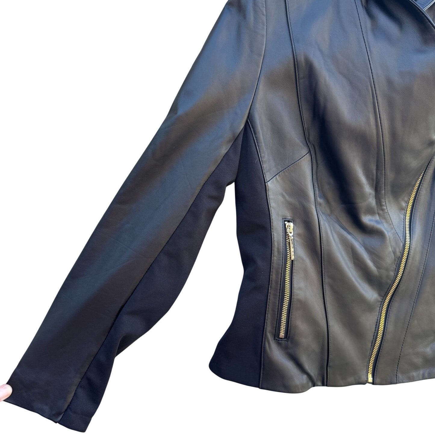 IMAN Womens Black Lambskin Leather Biker Moto Bomber Jacket Side Zip Roll Collar