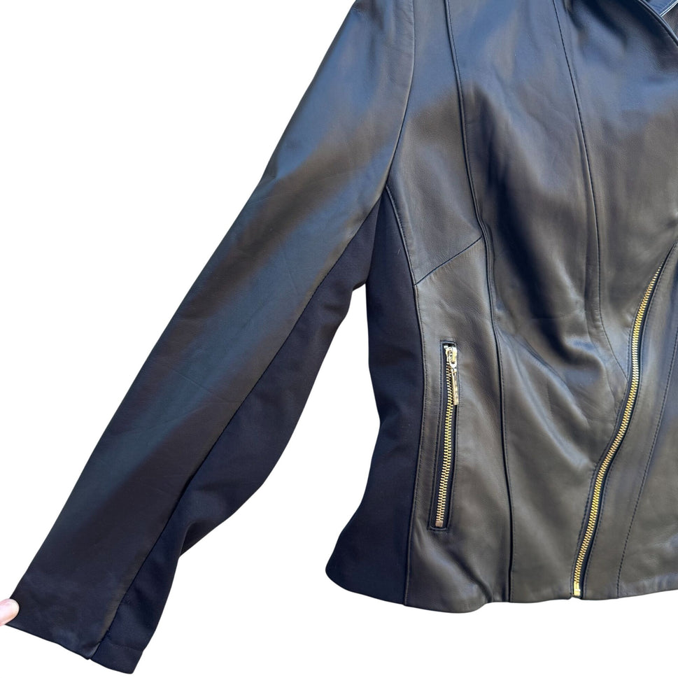 IMAN Womens Black Lambskin Leather Biker Moto Bomber Jacket Side Zip Roll Collar