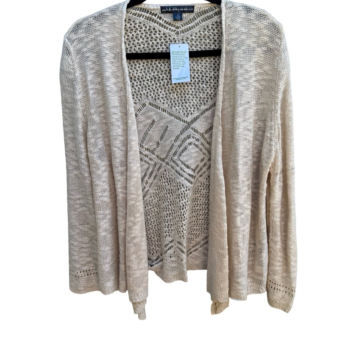 United States Sweaters Boho Coastal Beachy Crochet Open Front Cardigan Tan L NWT