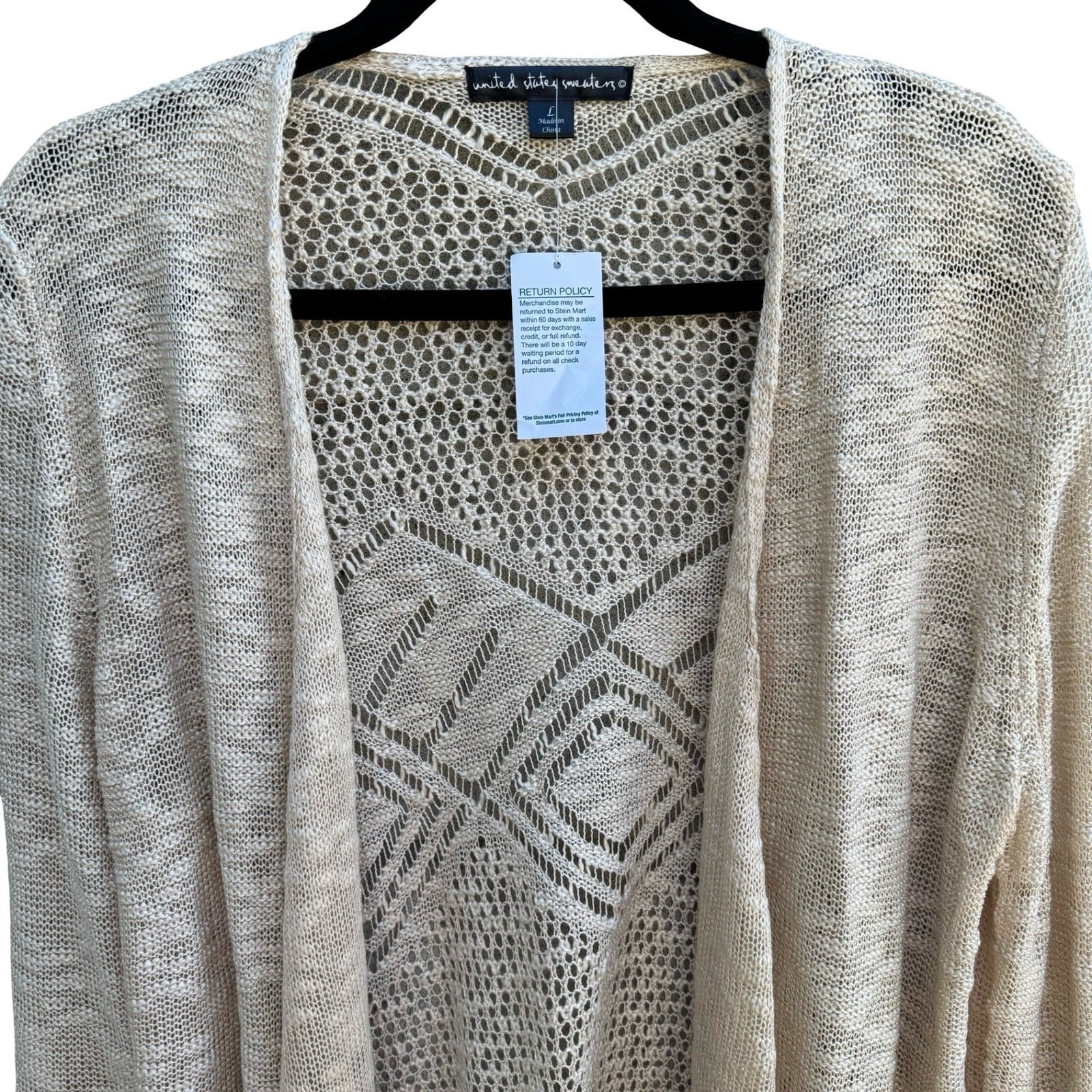 United States Sweaters Boho Coastal Beachy Crochet Open Front Cardigan Tan L NWT