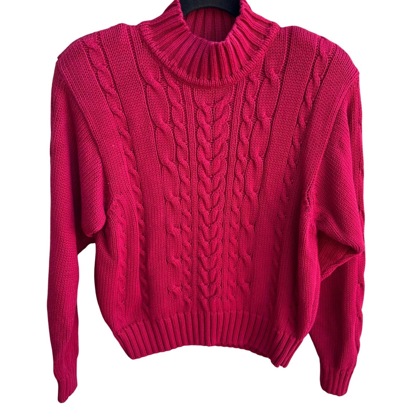 Lizsport Vintage Magenta Pink Cable Knit Cotton Mock Neck Cropped Sweater Small
