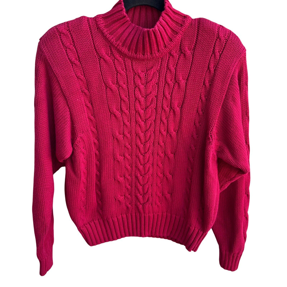 Lizsport Vintage Magenta Pink Cable Knit Cotton Mock Neck Cropped Sweater Small