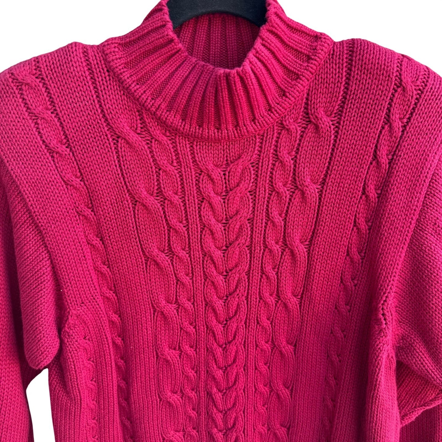 Lizsport Vintage Magenta Pink Cable Knit Cotton Mock Neck Cropped Sweater Small