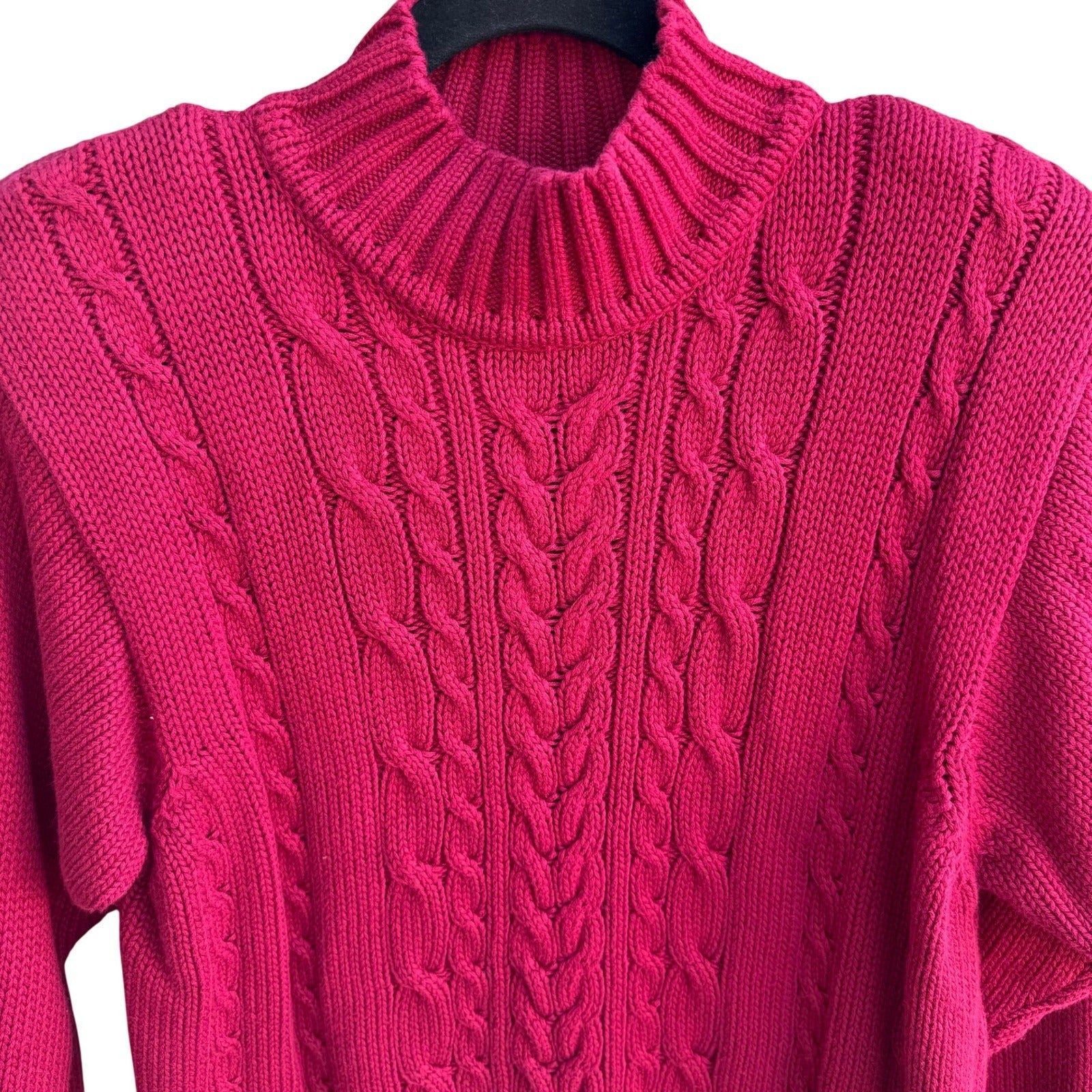 Lizsport Vintage Magenta Pink Cable Knit Cotton Mock Neck Cropped Sweater Small