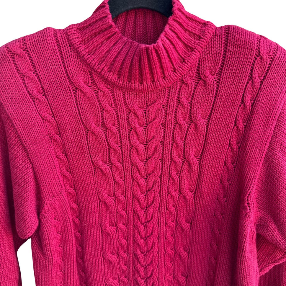 Lizsport Vintage Magenta Pink Cable Knit Cotton Mock Neck Cropped Sweater Small