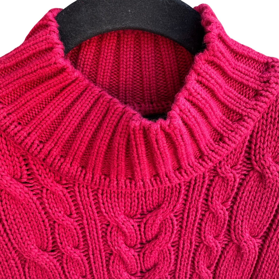 Lizsport Vintage Magenta Pink Cable Knit Cotton Mock Neck Cropped Sweater Small