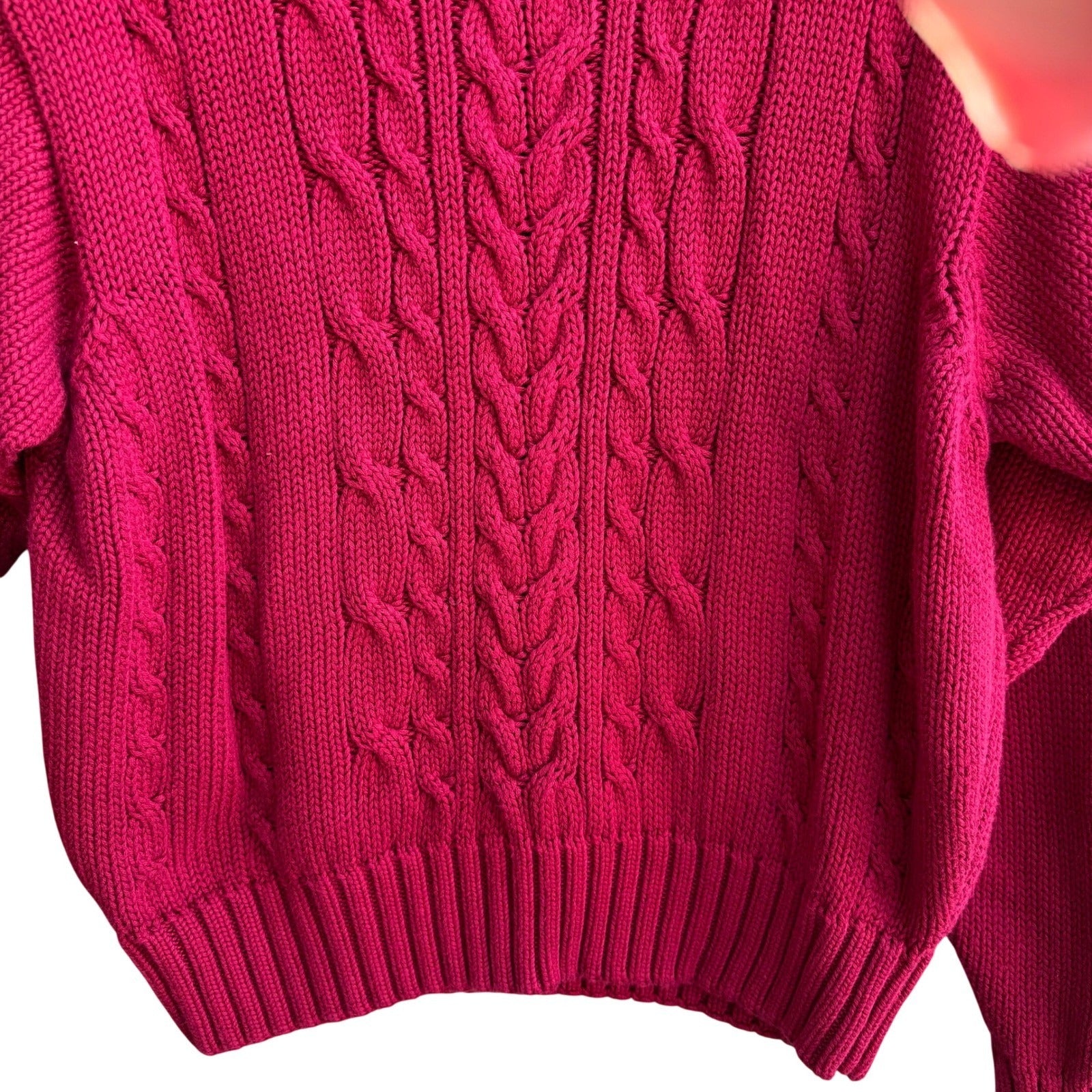 Lizsport Vintage Magenta Pink Cable Knit Cotton Mock Neck Cropped Sweater Small