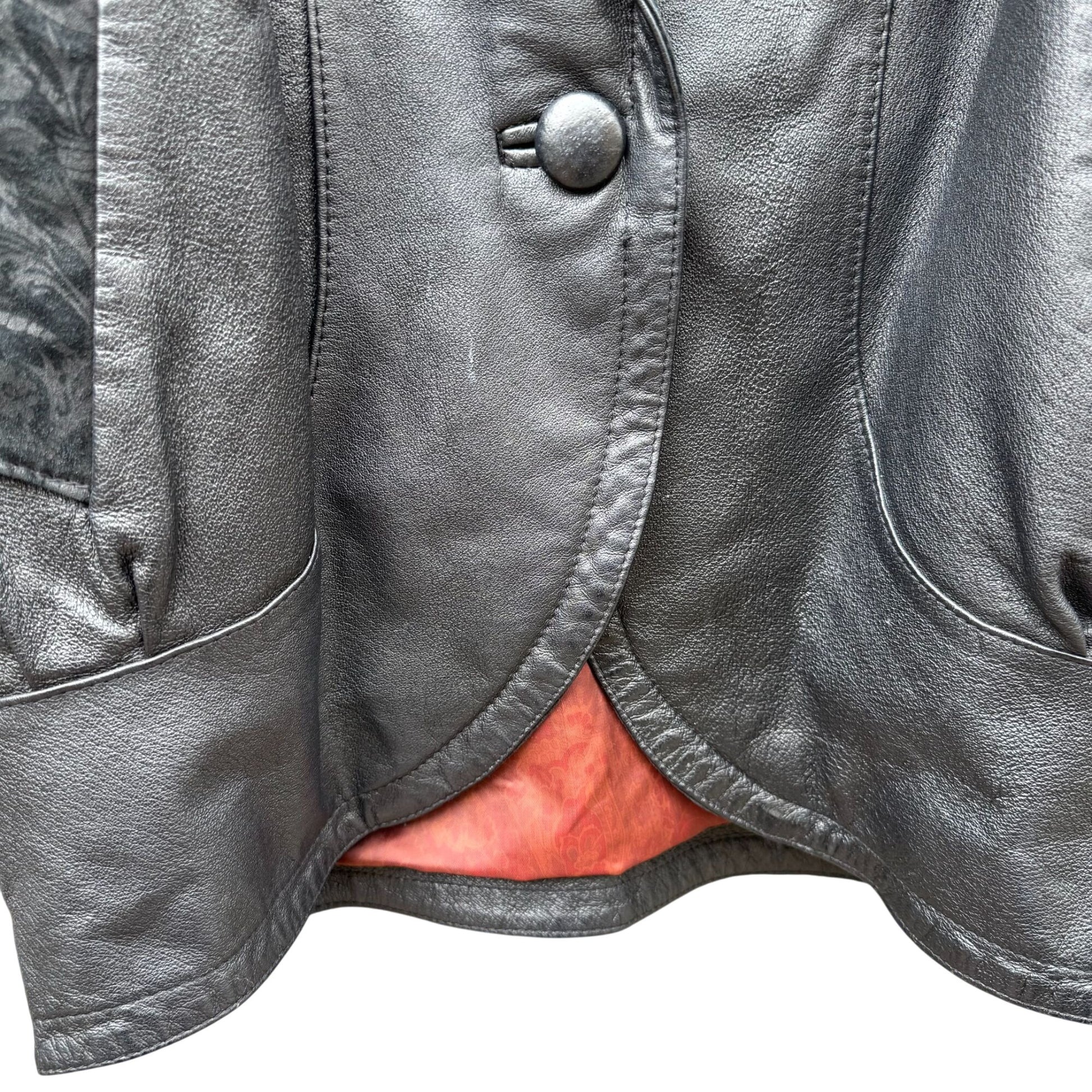 Best Vintage Black Genuine Leather Coat Jacket Womens Floral Trim Button Closure