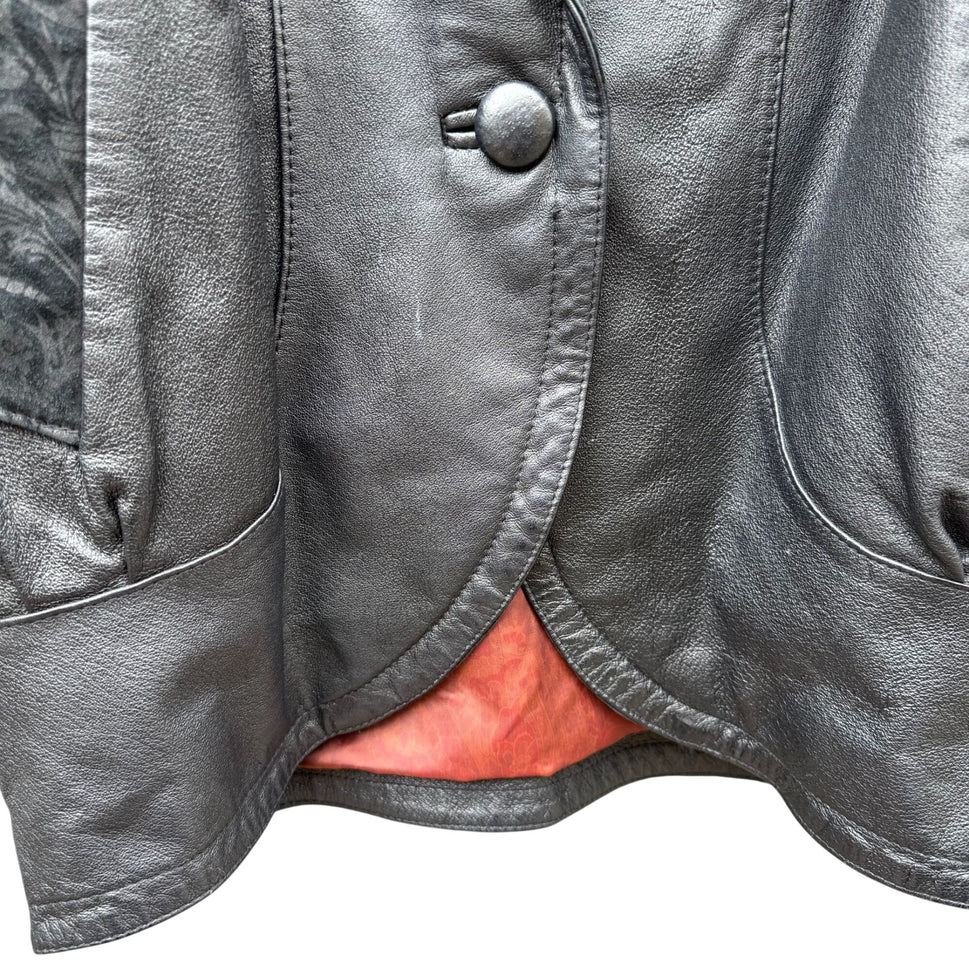 Best Vintage Black Genuine Leather Coat Jacket Womens Floral Trim Button Closure