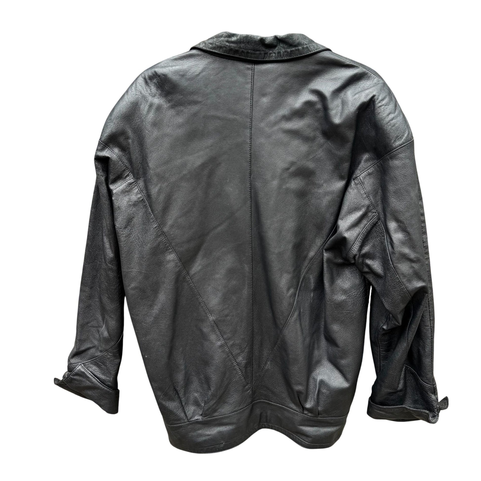 Best Vintage Black Genuine Leather Coat Jacket Womens Floral Trim Button Closure