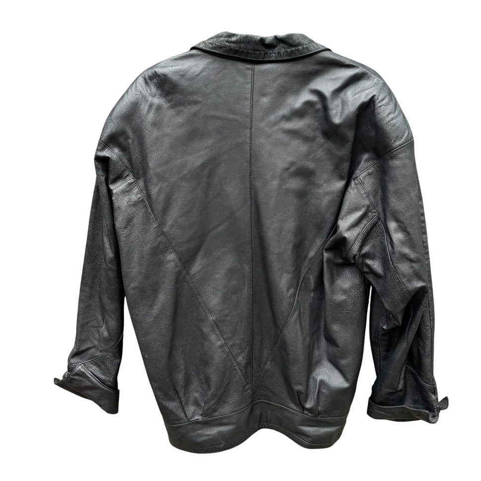 Best Vintage Black Genuine Leather Coat Jacket Womens Floral Trim Button Closure