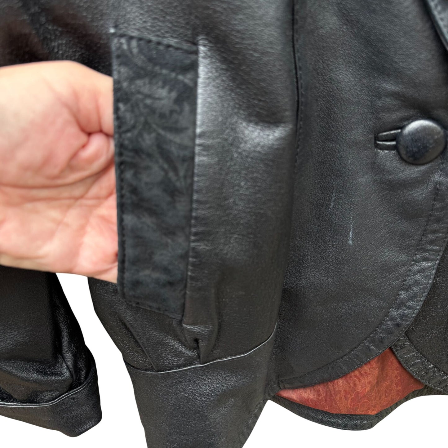 Best Vintage Black Genuine Leather Coat Jacket Womens Floral Trim Button Closure