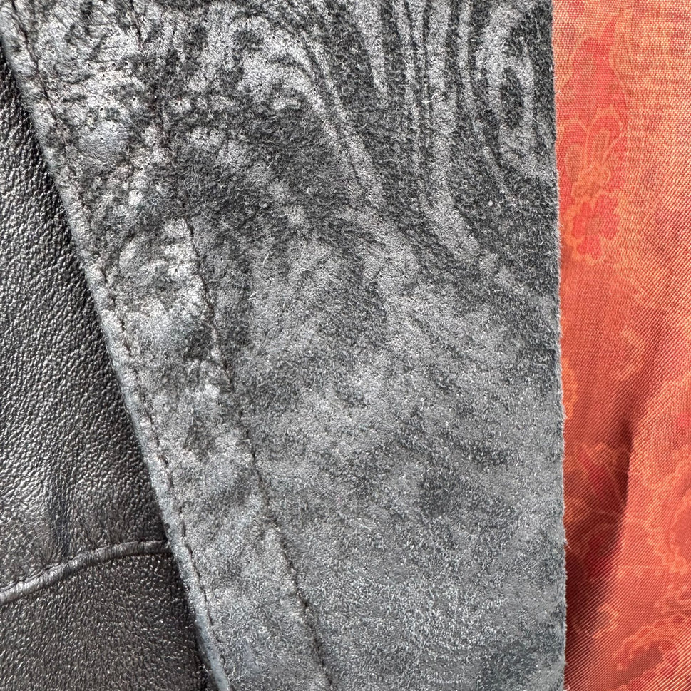 Best Vintage Black Genuine Leather Coat Jacket Womens Floral Trim Button Closure