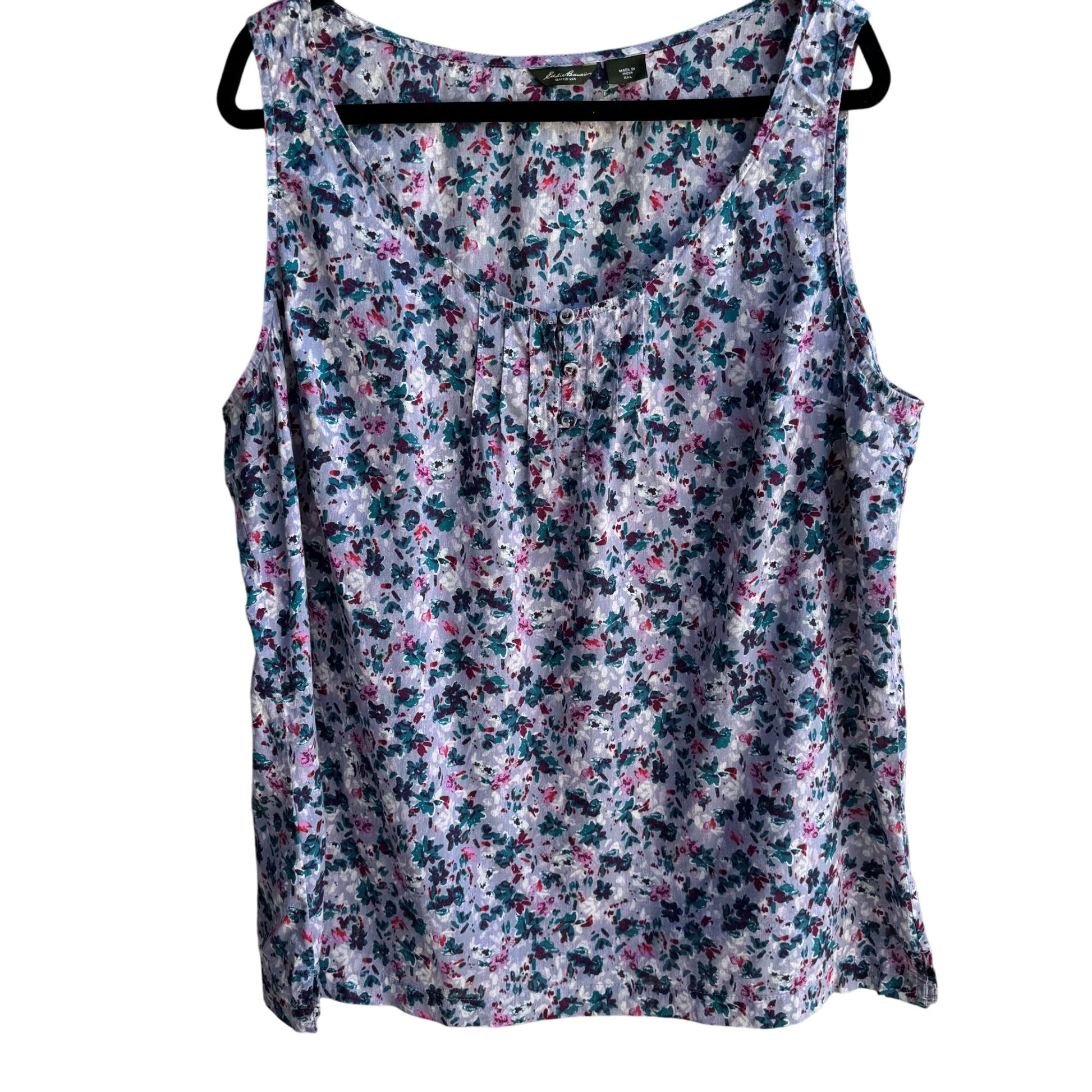 Eddie Bauer Womens Floral Boho Pleated Placket Cotton Sleeveless Tank Blouse XXL
