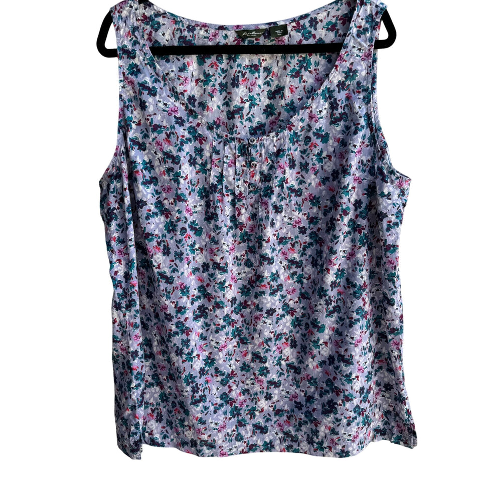 Eddie Bauer Womens Floral Boho Pleated Placket Cotton Sleeveless Tank Blouse XXL