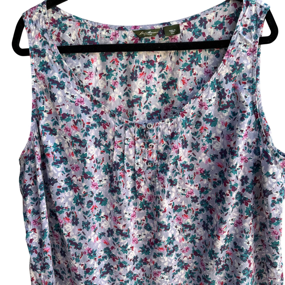 Eddie Bauer Womens Floral Boho Pleated Placket Cotton Sleeveless Tank Blouse XXL