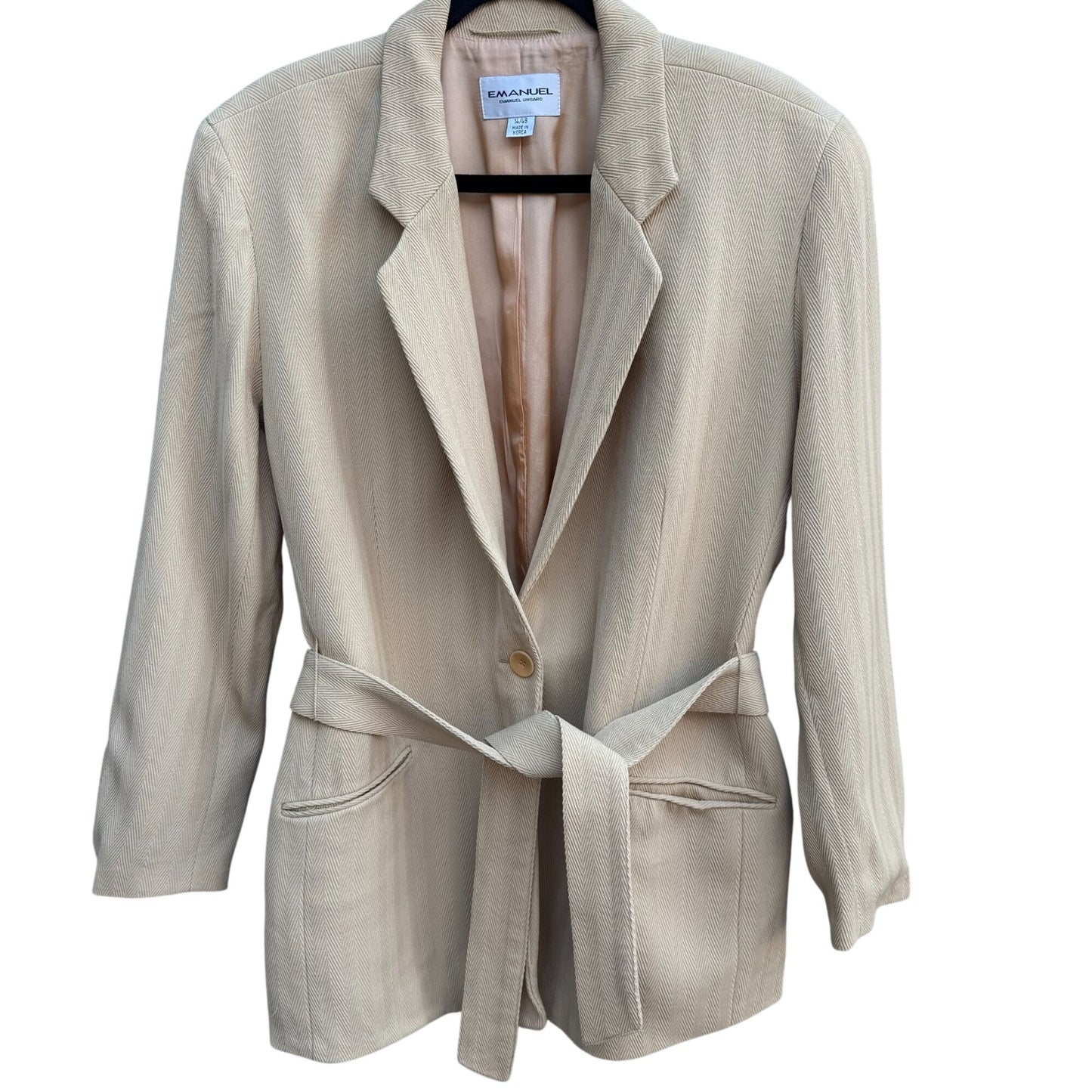 Emanuel Ungaro Vintage Tan Womens Herringbone Blazer Jacket Tie Belt Size 14/48