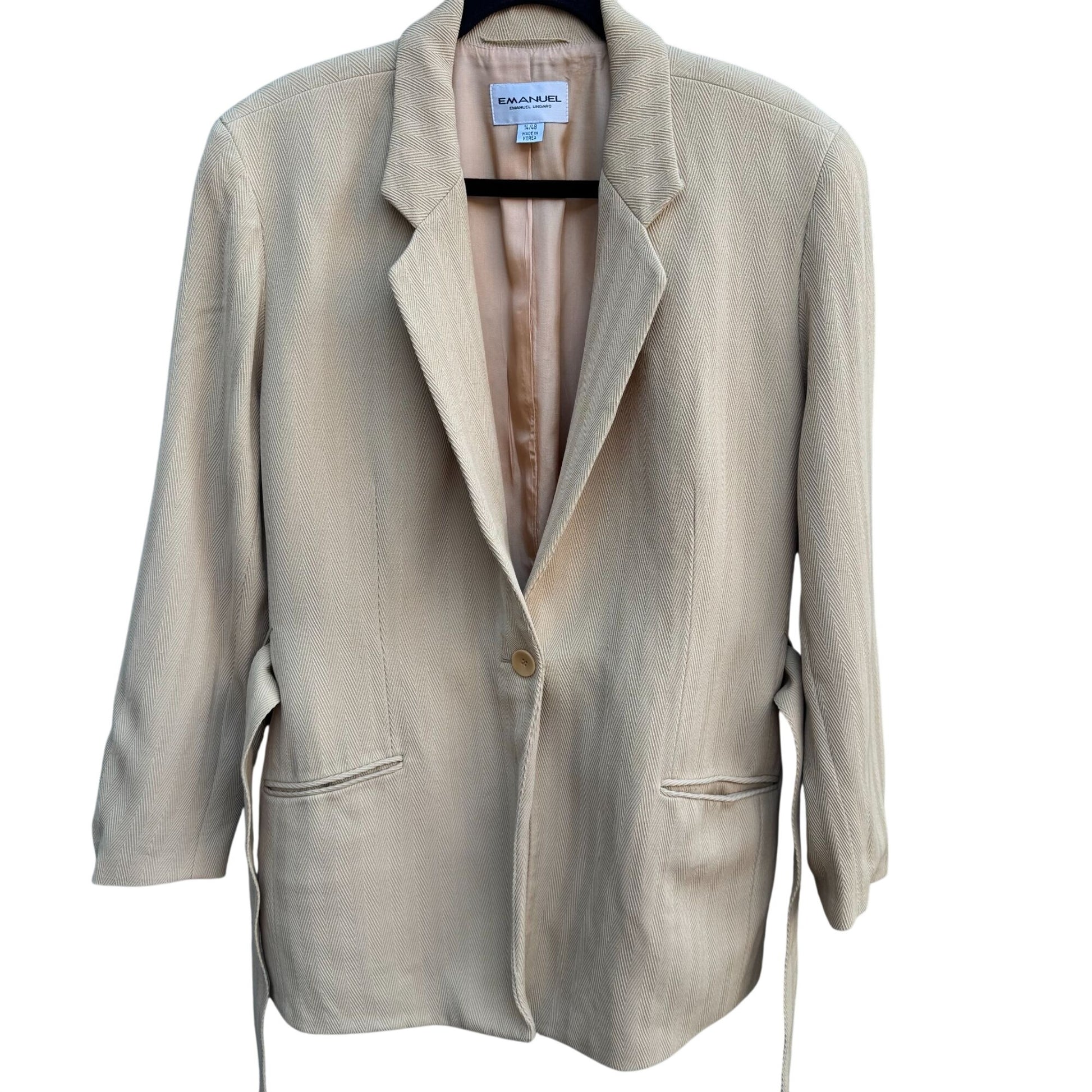 Emanuel Ungaro Vintage Tan Womens Herringbone Blazer Jacket Tie Belt Size 14/48