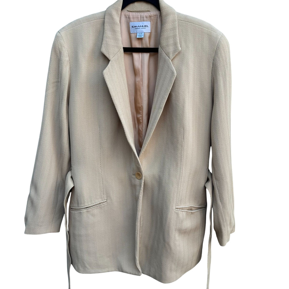 Emanuel Ungaro Vintage Tan Womens Herringbone Blazer Jacket Tie Belt Size 14/48