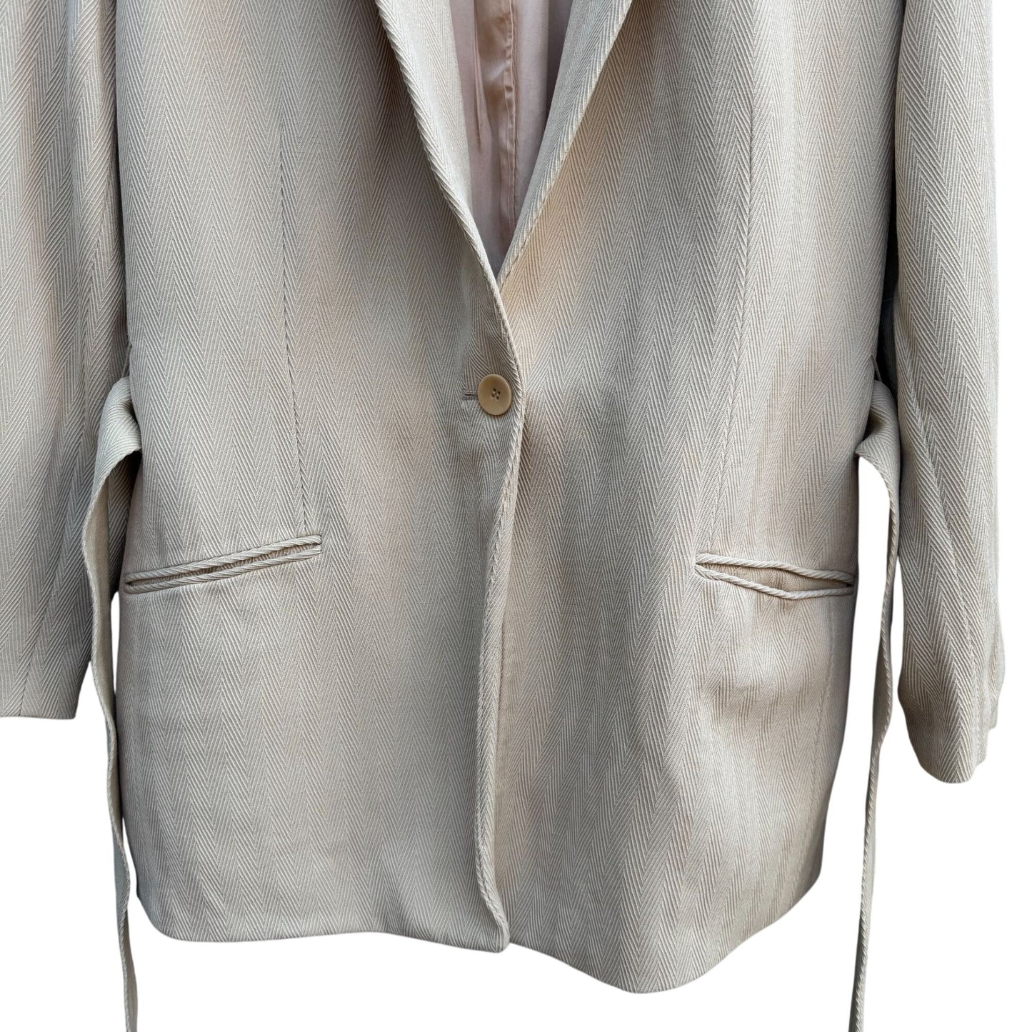 Emanuel Ungaro Vintage Tan Womens Herringbone Blazer Jacket Tie Belt Size 14/48