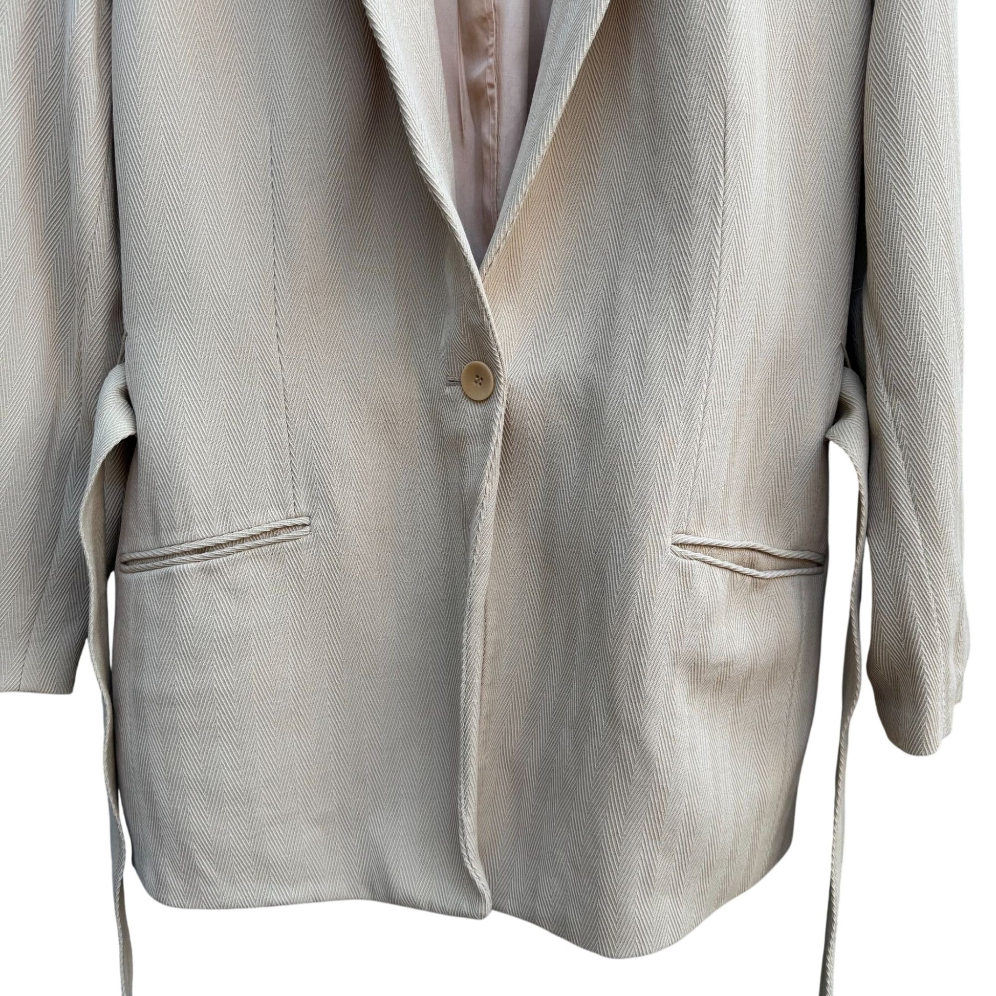 Emanuel Ungaro Vintage Tan Womens Herringbone Blazer Jacket Tie Belt Size 14/48