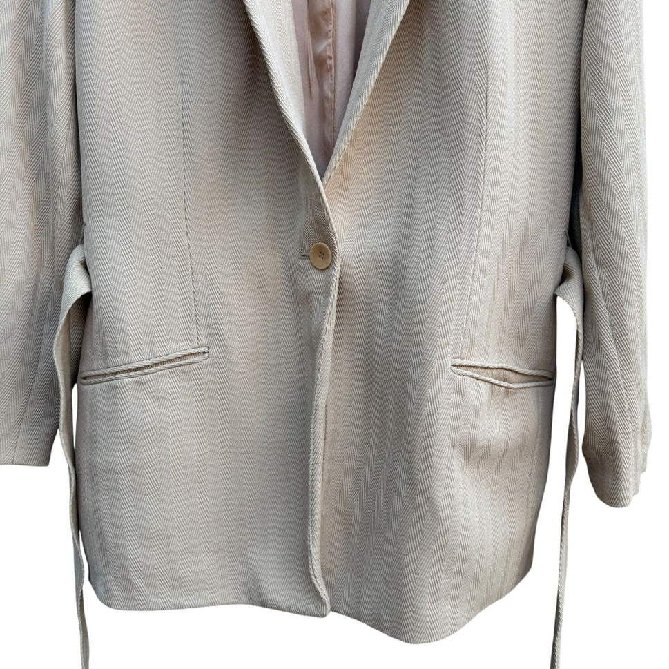 Emanuel Ungaro Vintage Tan Womens Herringbone Blazer Jacket Tie Belt Size 14/48