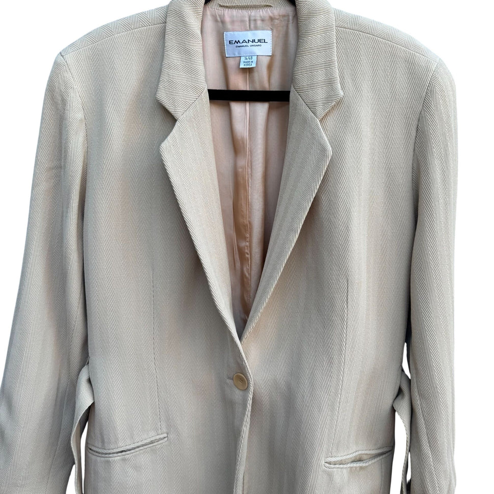 Emanuel Ungaro Vintage Tan Womens Herringbone Blazer Jacket Tie Belt Size 14/48
