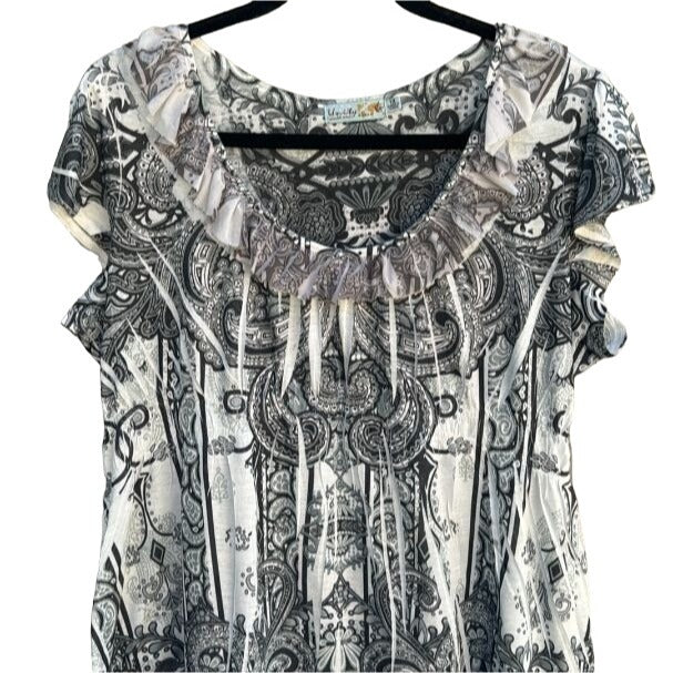 Unity World Wear Scoop Neck Batik Screen Print Cap Sleeve Women's Shirt Blouse