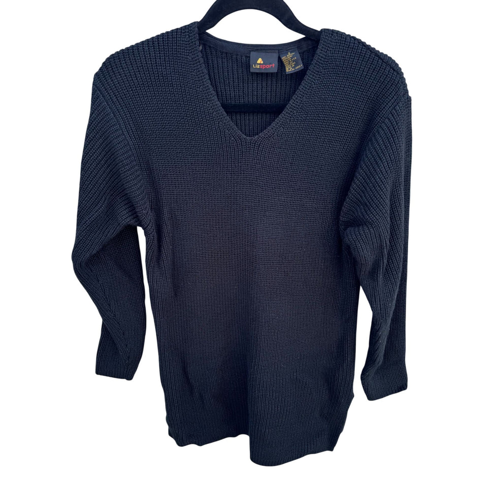 Lizsport Vintage 80s 90s Womens Black V-Neck Long Sleeve Knit Sweater Womens S