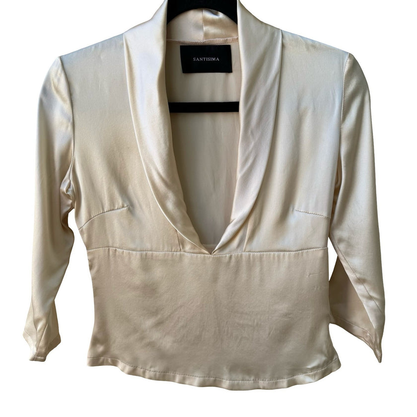 Santisima Y2K 100% Silk Quiet Luxury Old Money Minimalist Shawl Collar Blouse S