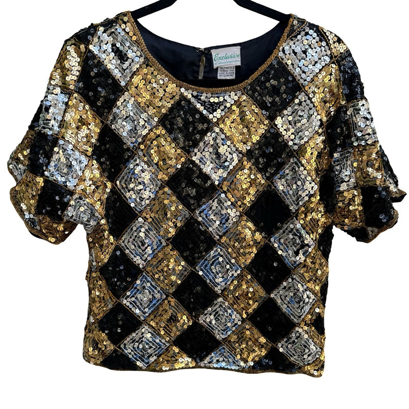 Exclusive Vintage 80s Silk Sequin Harlequin Diamond Disco Gatsby Party Blouse S