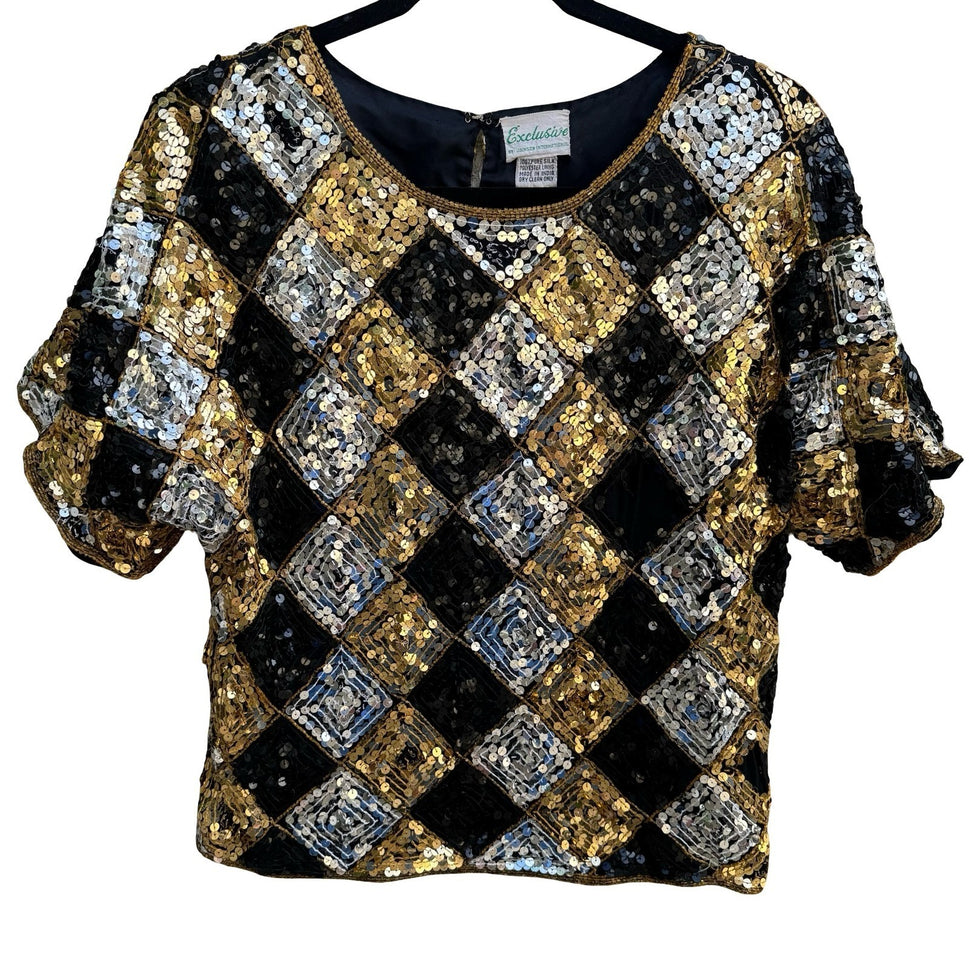 Exclusive Vintage 80s Silk Sequin Harlequin Diamond Disco Gatsby Party Blouse S