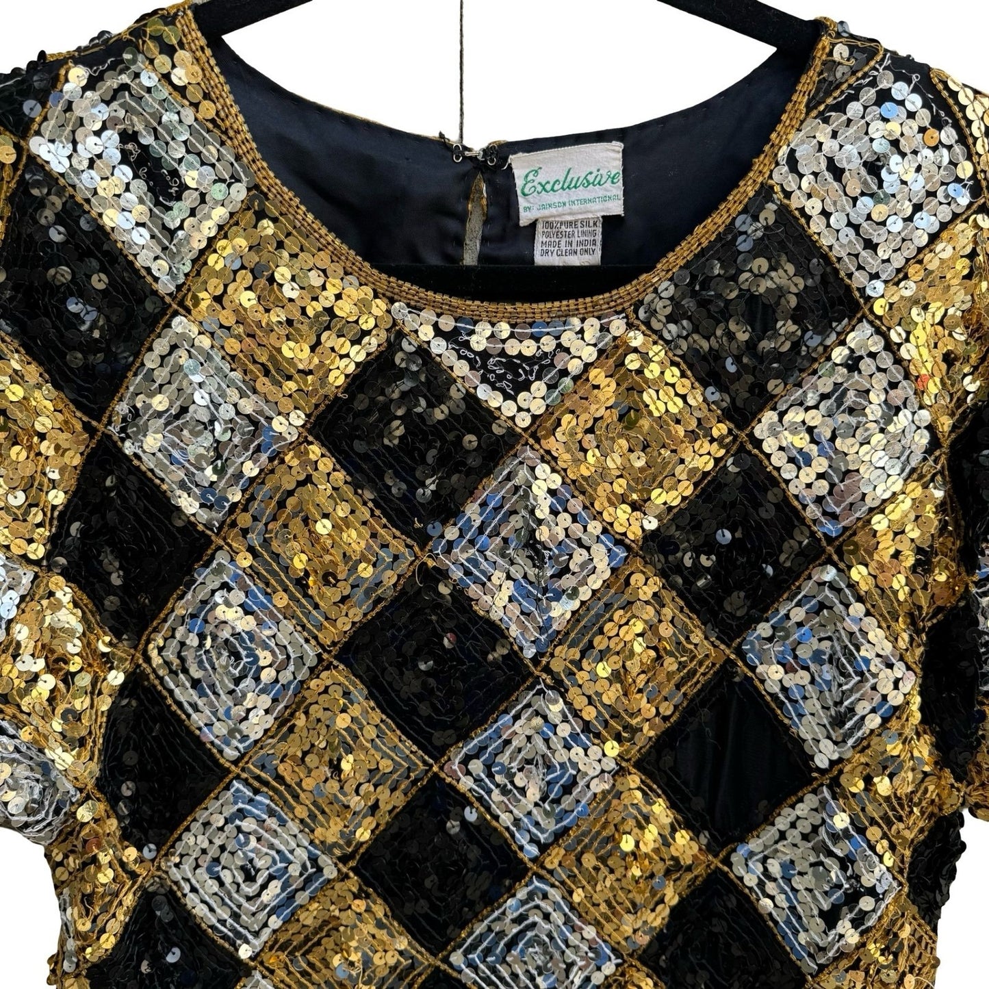 Exclusive Vintage 80s Silk Sequin Harlequin Diamond Disco Gatsby Party Blouse S