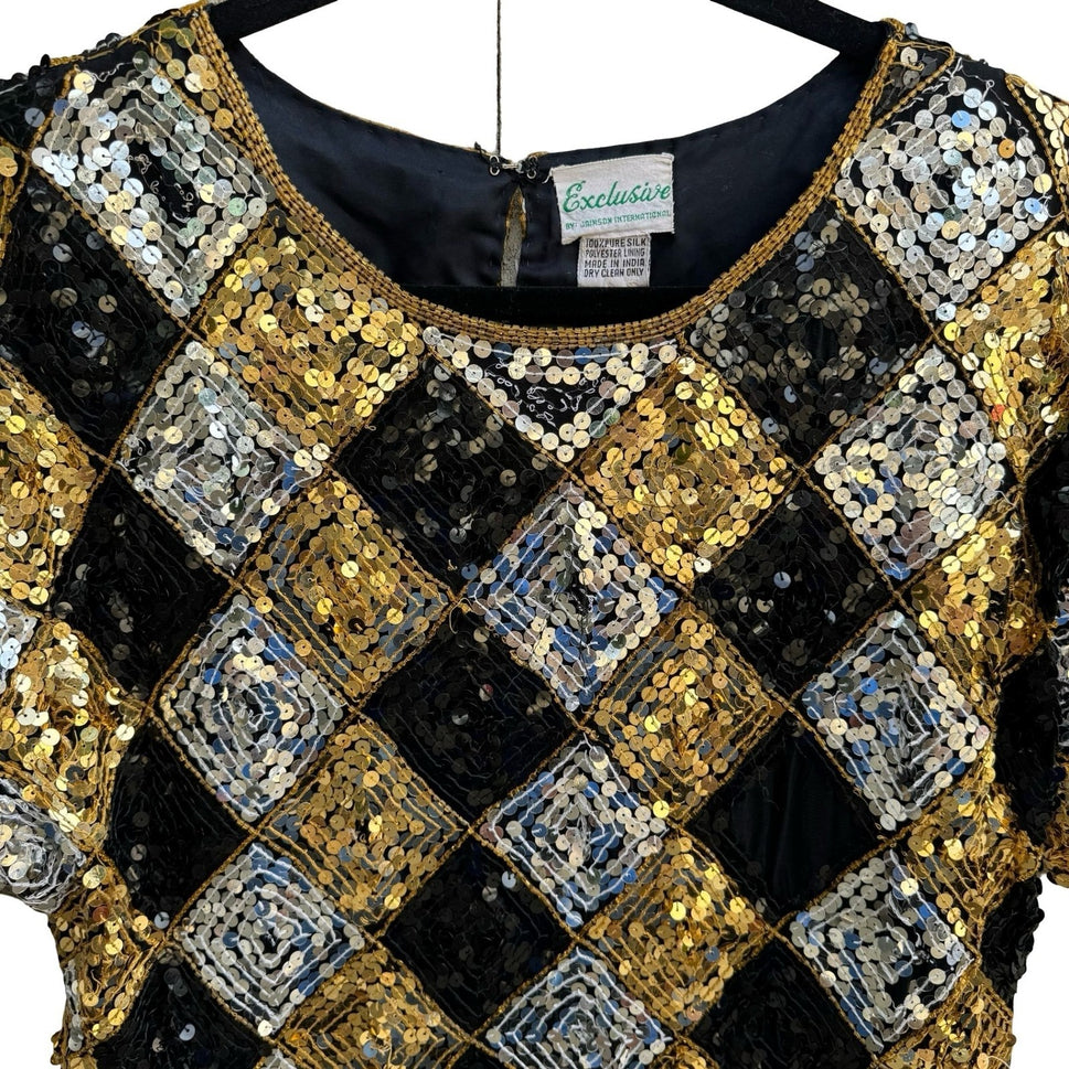 Exclusive Vintage 80s Silk Sequin Harlequin Diamond Disco Gatsby Party Blouse S