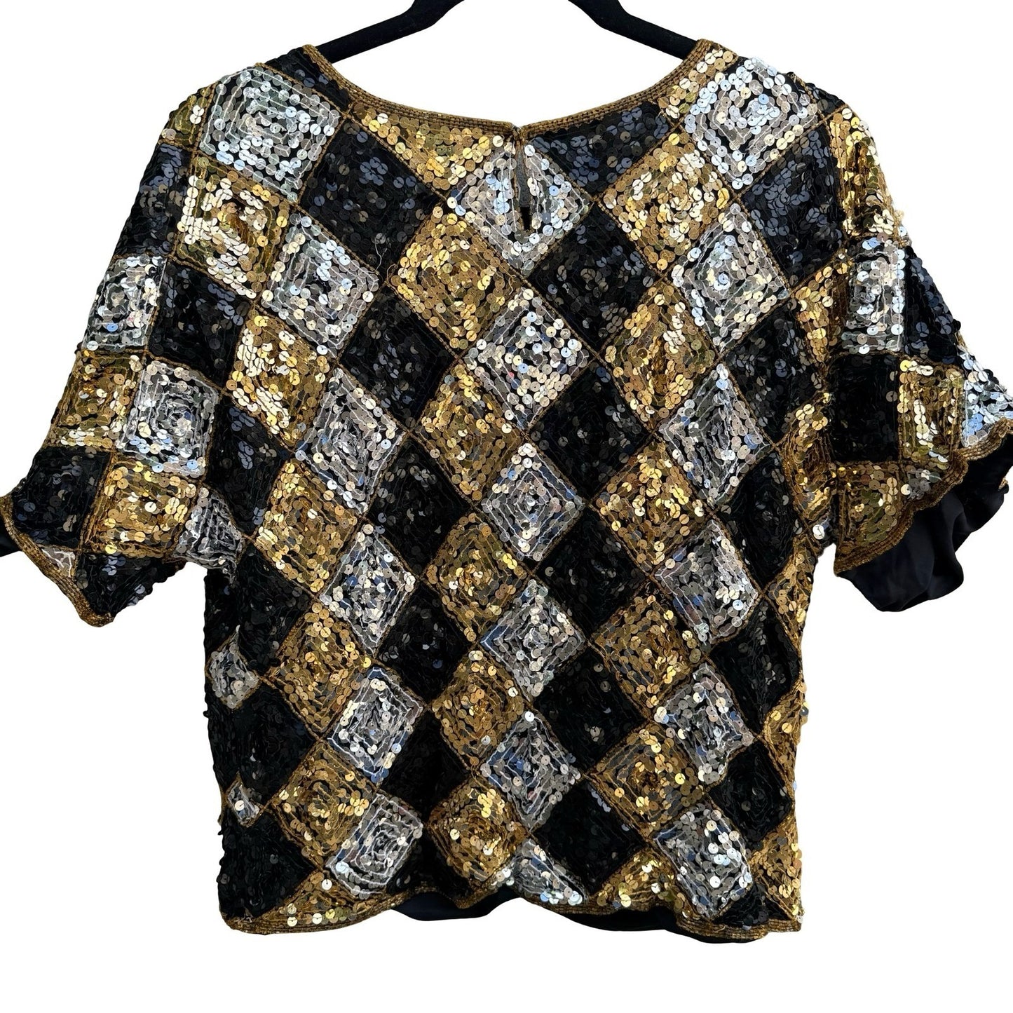 Exclusive Vintage 80s Silk Sequin Harlequin Diamond Disco Gatsby Party Blouse S