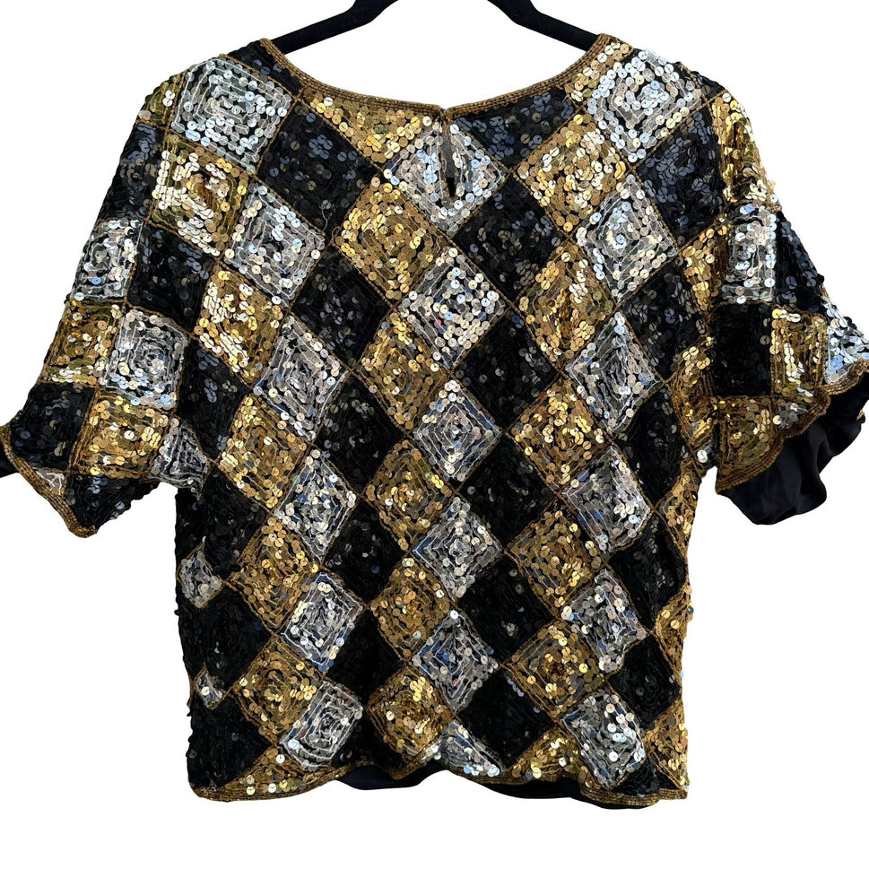 Exclusive Vintage 80s Silk Sequin Harlequin Diamond Disco Gatsby Party Blouse S